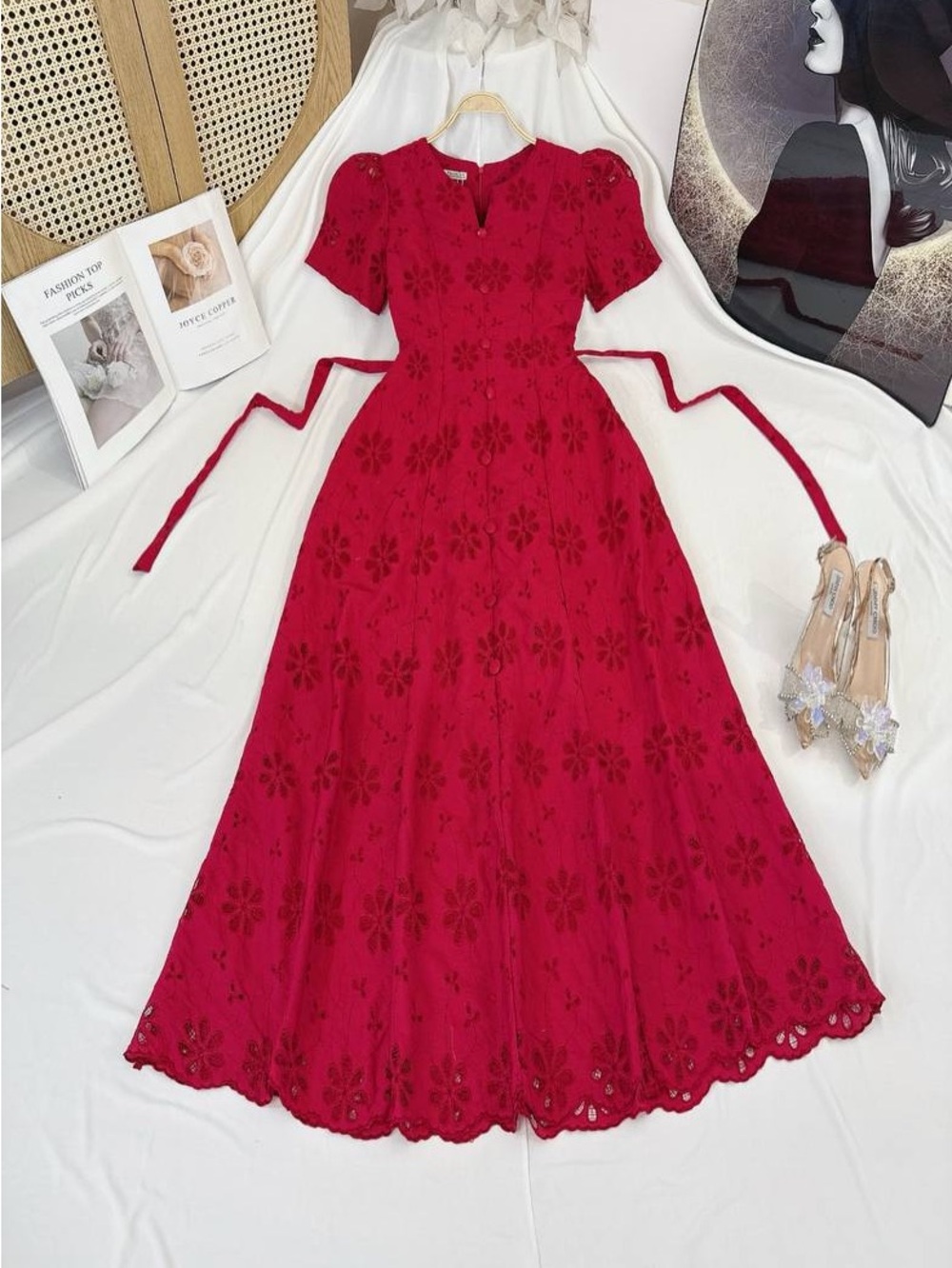 Women’s Red Eyelet Maxi Dress with Puff Sleeves